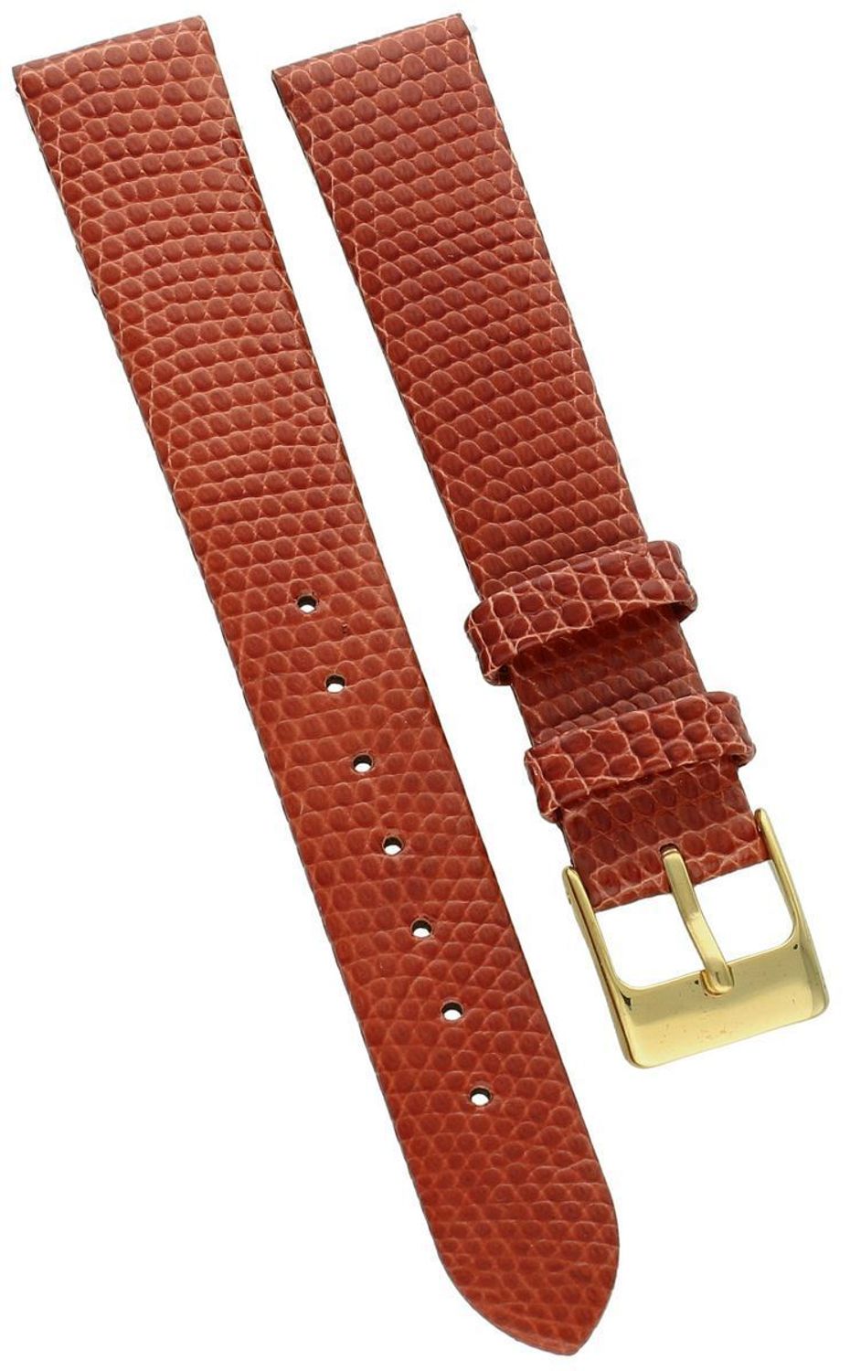 Brązowy pasek do zegarka z naturalnej skóry jaszczurki, model 01766070-1-16. Szerokość mocowania 16 mm, długość 85115 mm, stalowa sprzączka w złotym kolorze.1.jpg